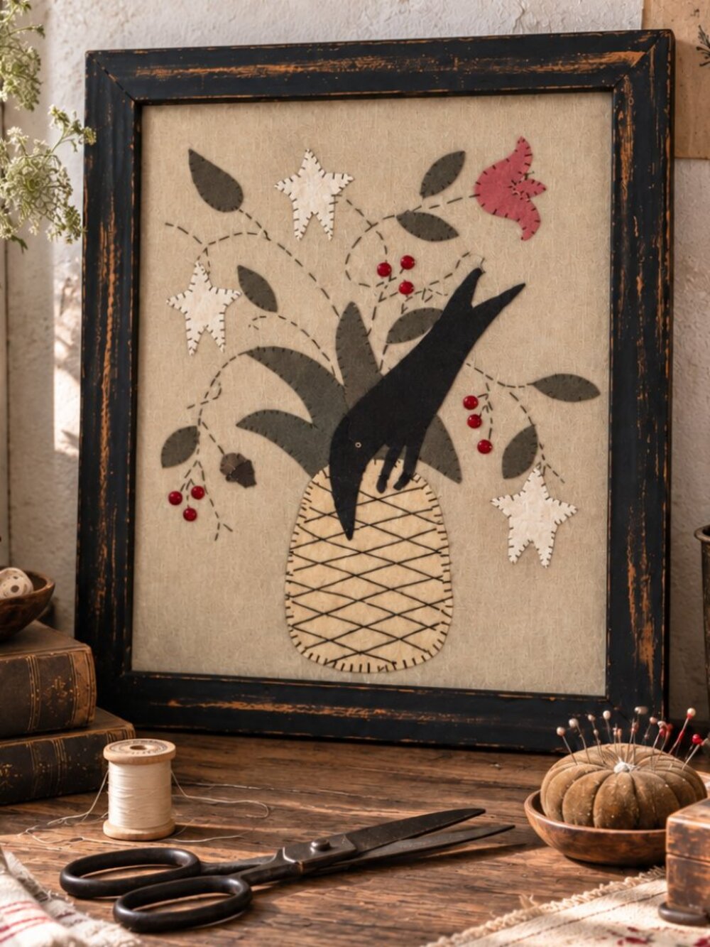Primitive Sampler Folk Art Felt Wool Black Bird Crow Applique Textile Wall Art